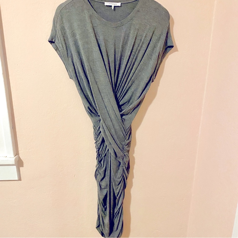 Frame Shirred Muscle Gray Faux Wrap Dress in dark heathered Gray Size Small - Picture 2 of 7
